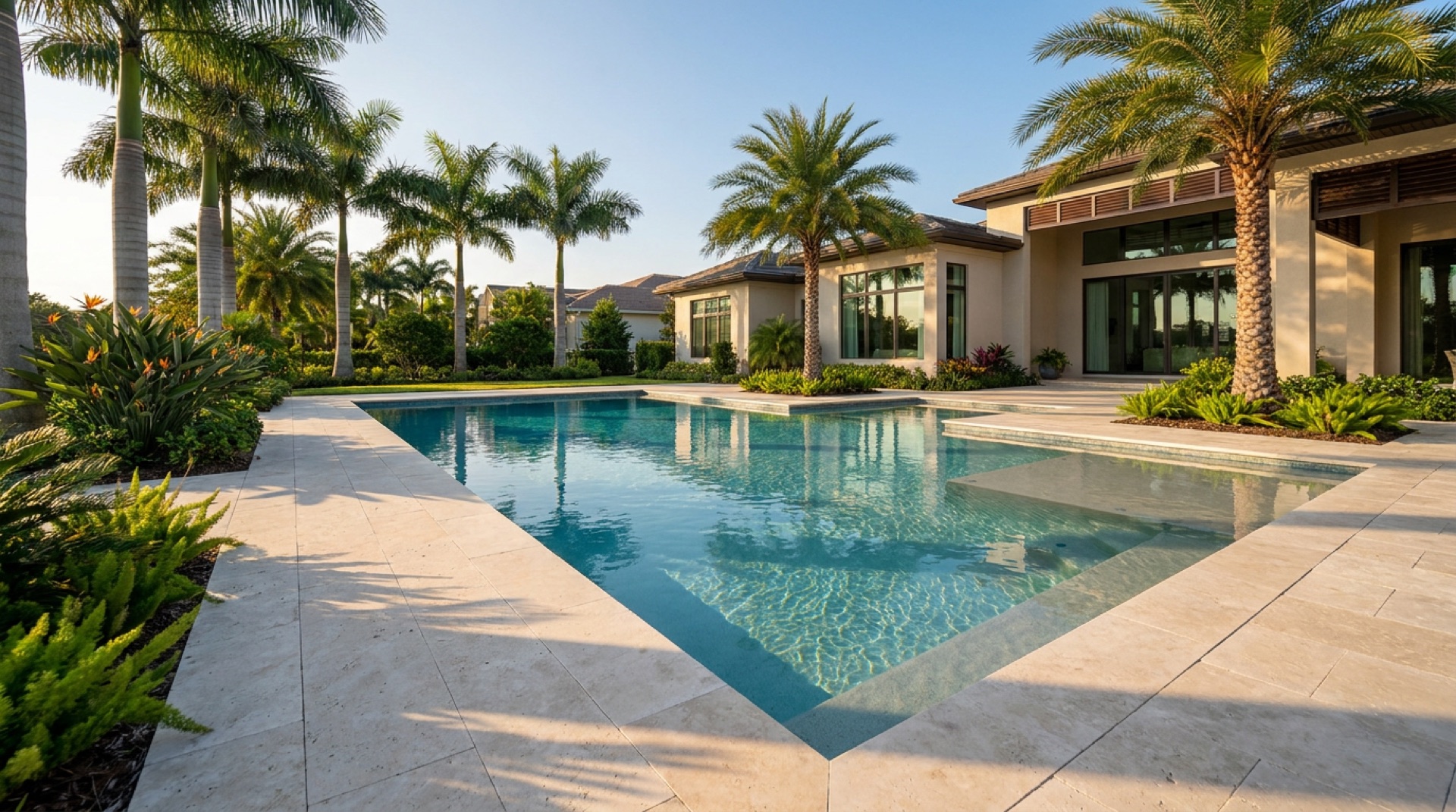 Panoramic view of a Florida pool with travertine deck and palm trees under golden-hour light.