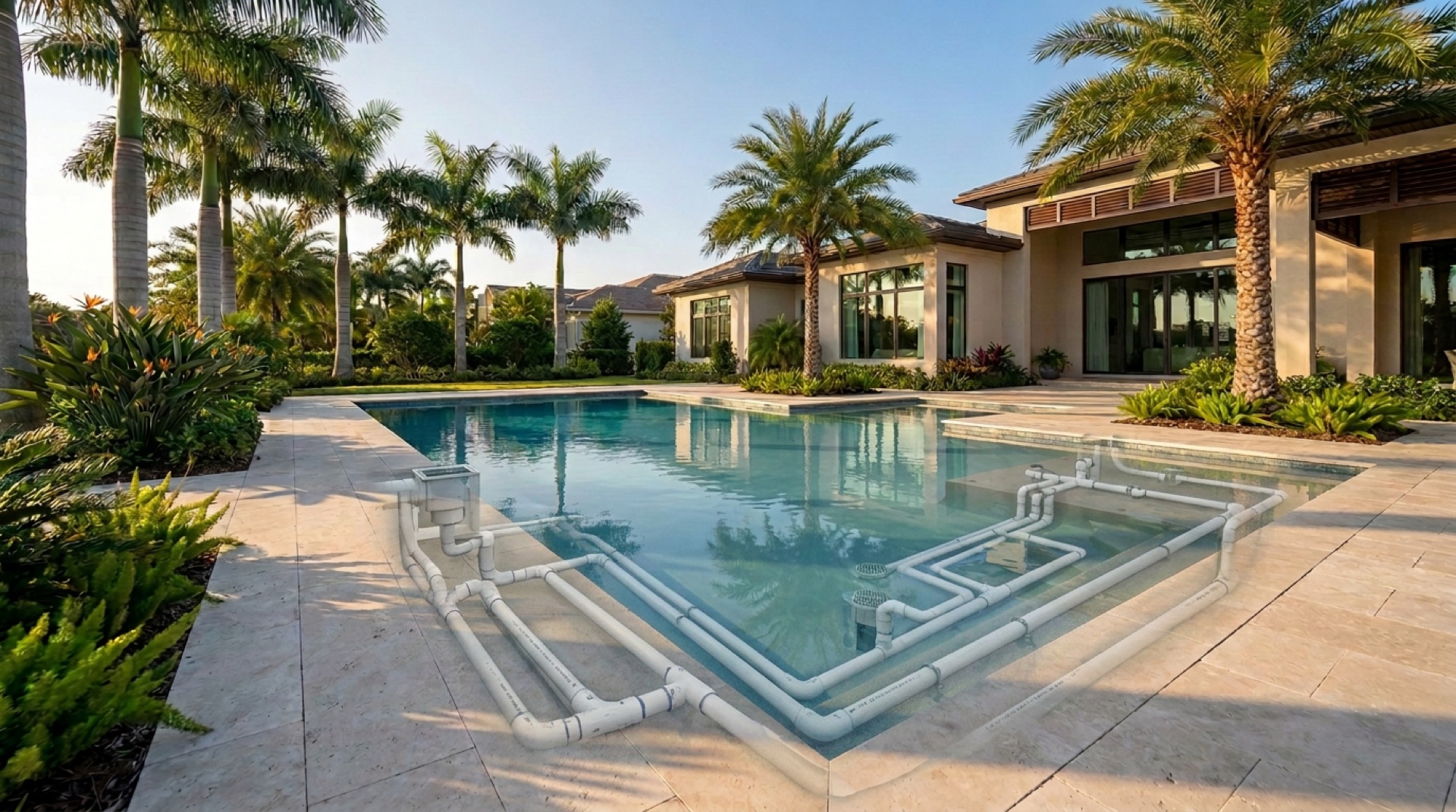 Underground pool plumbing and leak detection equipment in action.