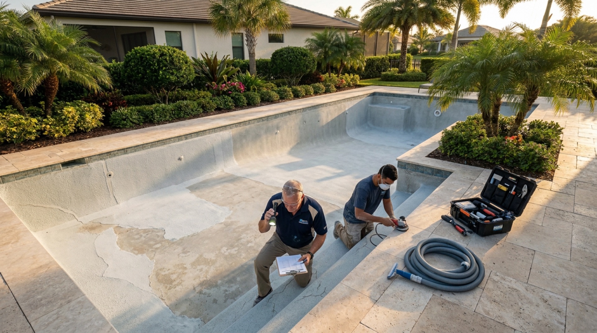 Pool being drained and surface prepared for new plaster application.