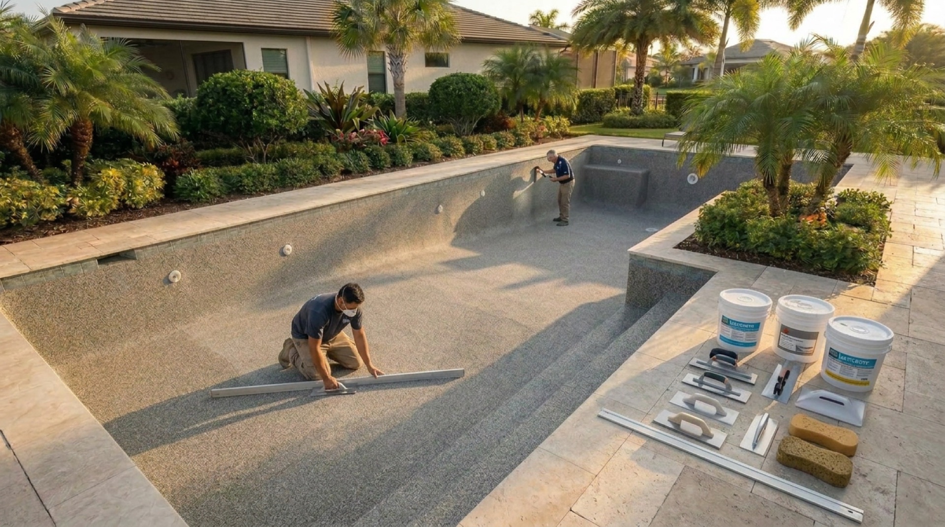 Skilled technician applying new pool finish with attention to detail.